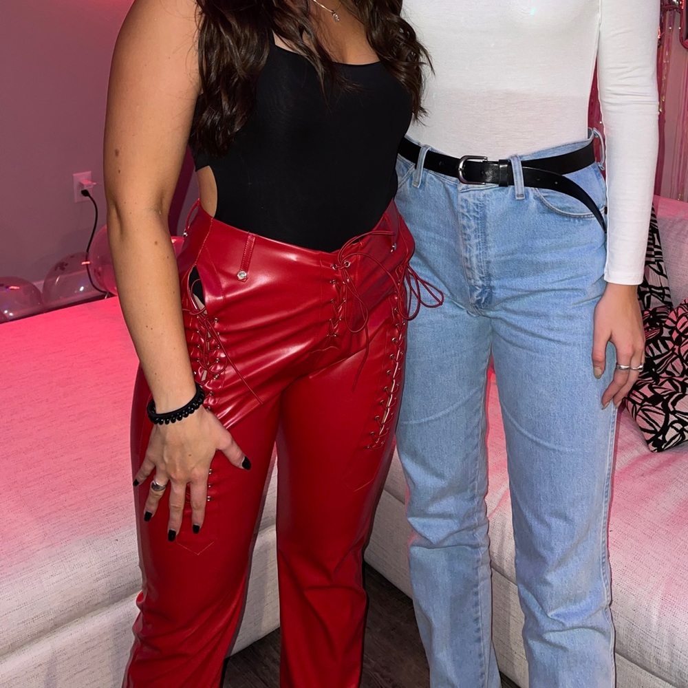 Red vegan leather pant